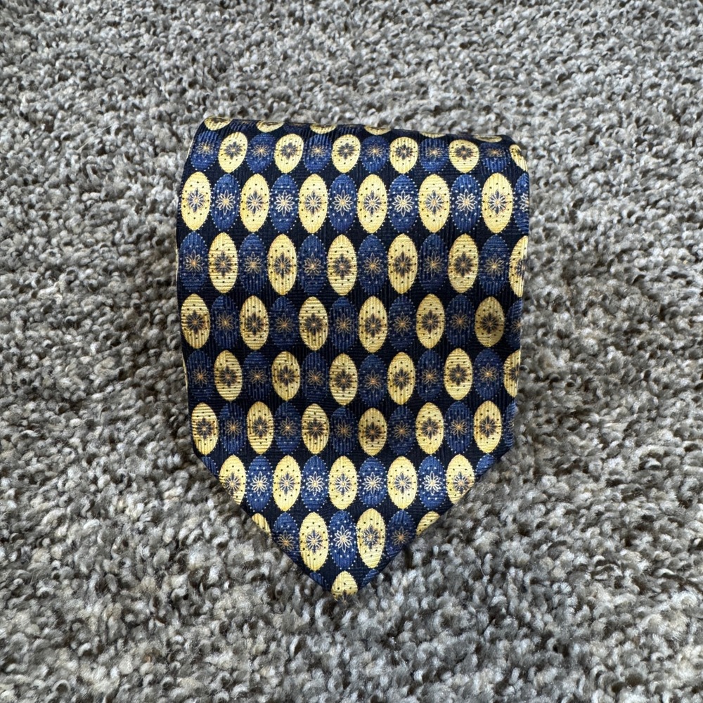 Vintage Pierre Balmain Couture Silk Tie Navy Blue Gold Geometric 90s USA 4x58